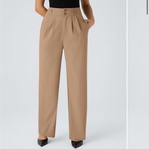 High Waisted Zipper Pocket Shirred Straight Leg Work Pants
